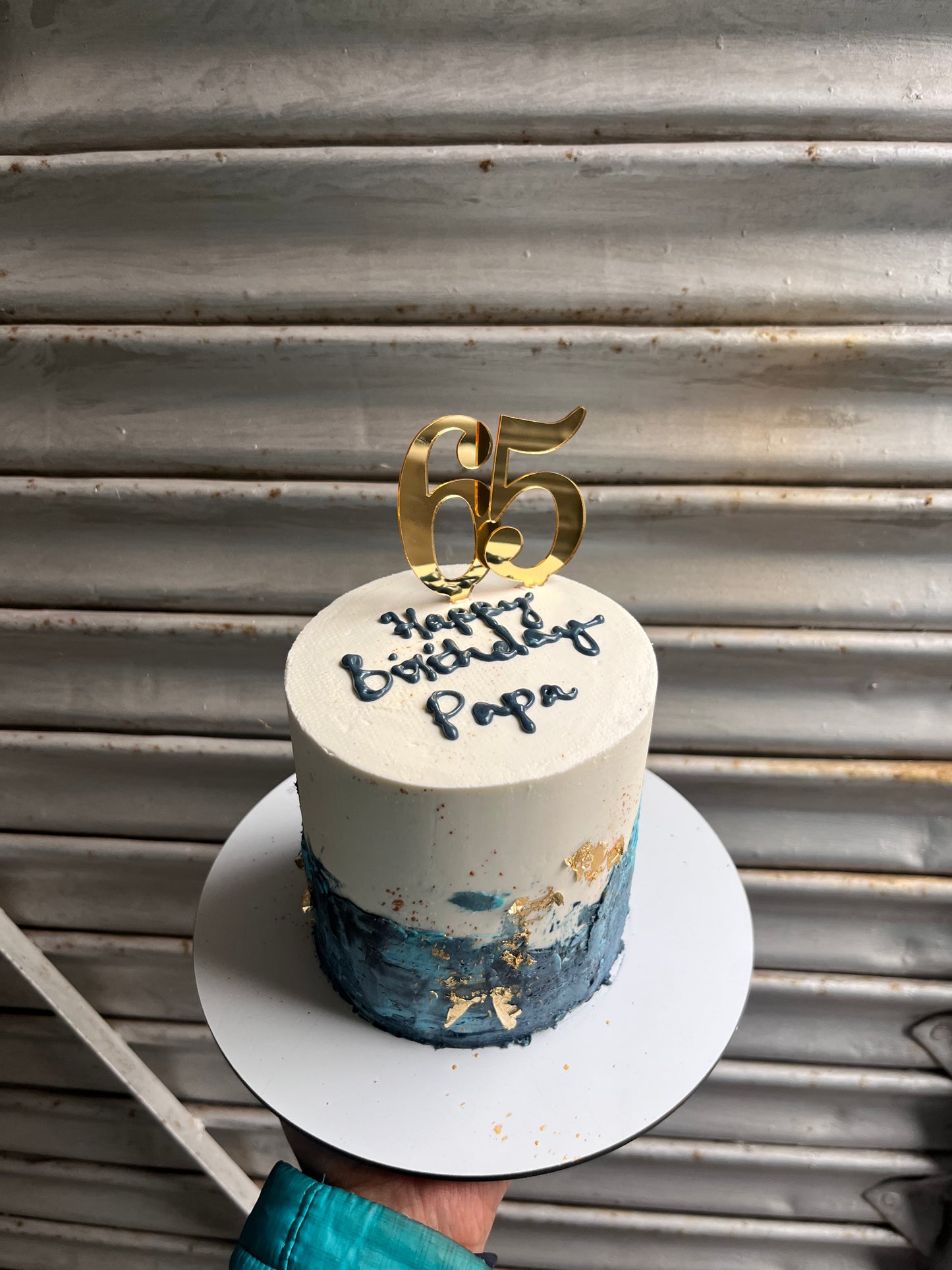 Strokes of Blue and Gold Buttercream Cake