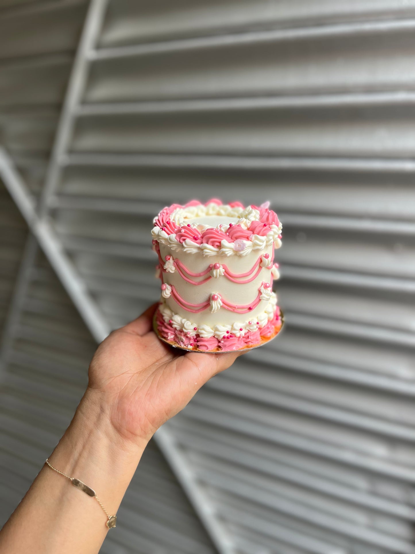 Tall white and pink victorian Bento Cake