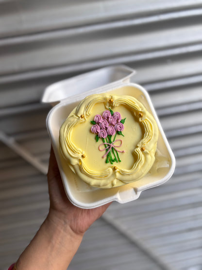 Yellow Victorian Bento Cake with Bouquet