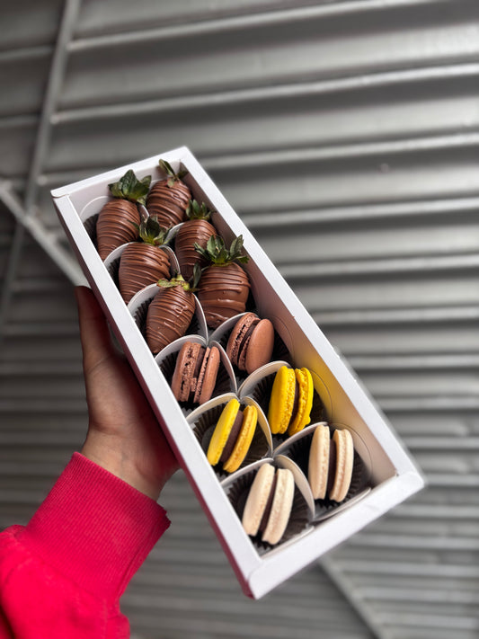Chocolate Macaron Box & Chocolate covered strawberries Box of 12