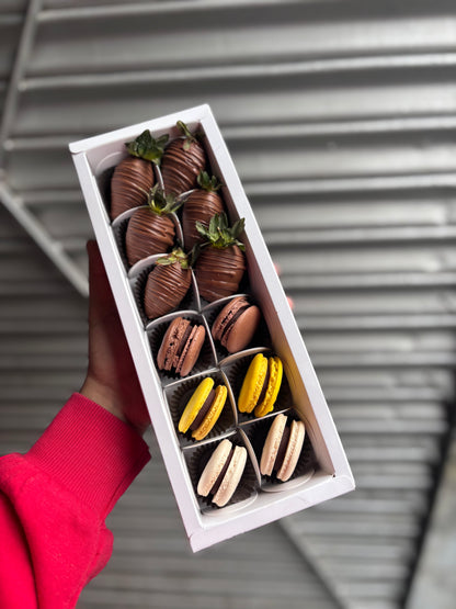 Chocolate Macaron Box & Chocolate covered strawberries Box of 12