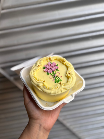 Yellow Victorian Bento Cake with Bouquet