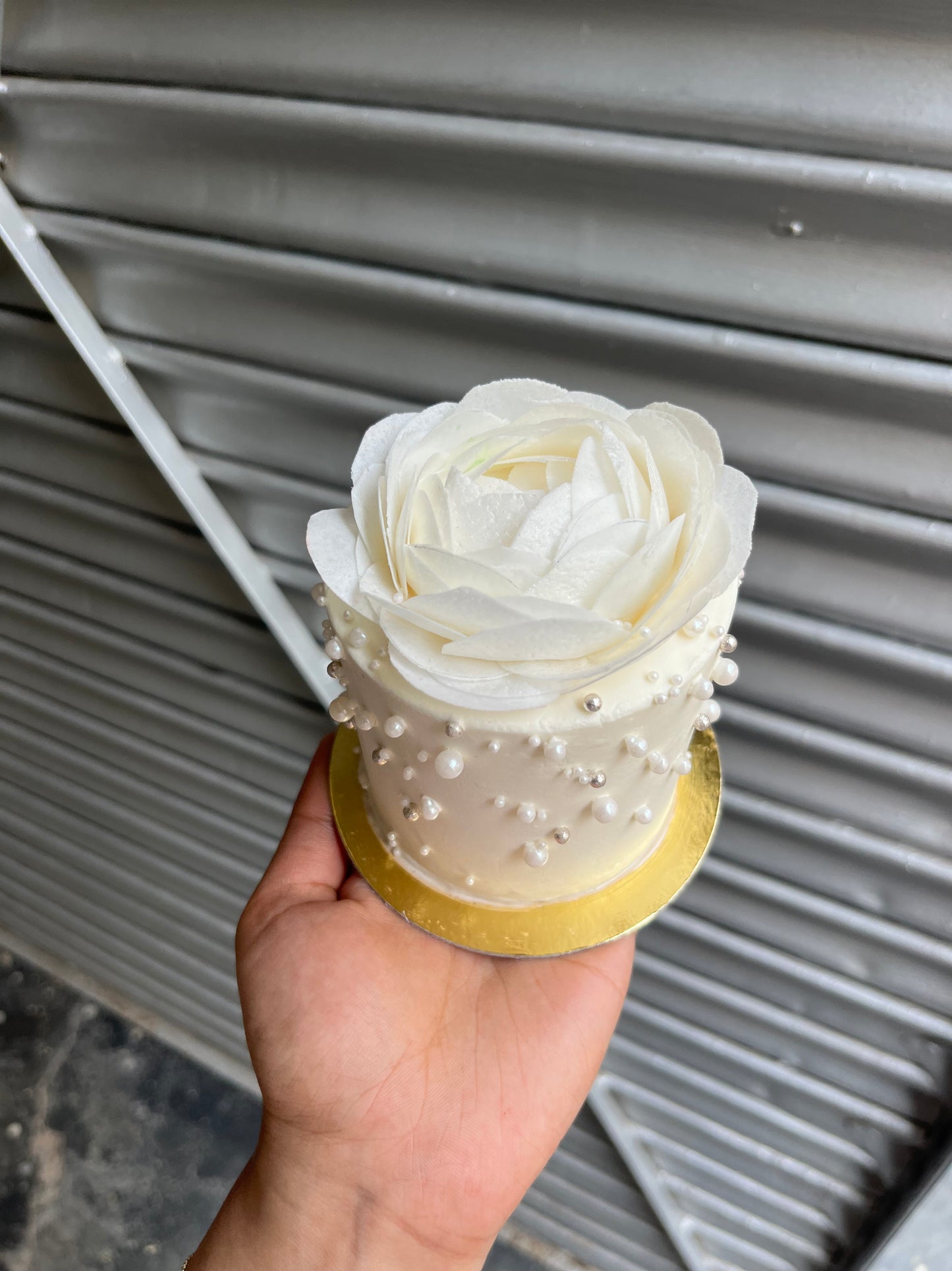 Tall white pearl Bento Cake with Wafer Paper rose