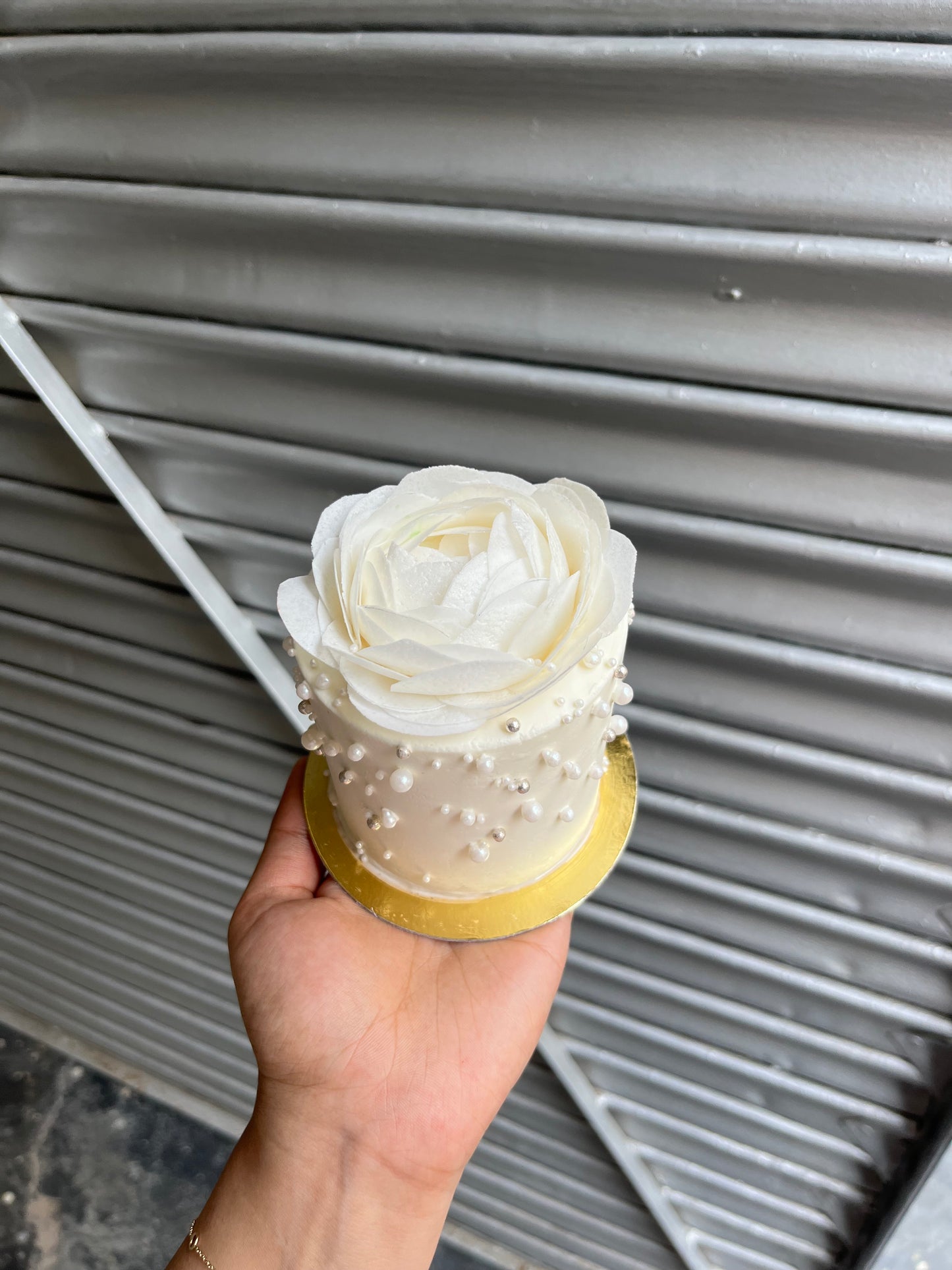 Tall white pearl Bento Cake with Wafer Paper rose