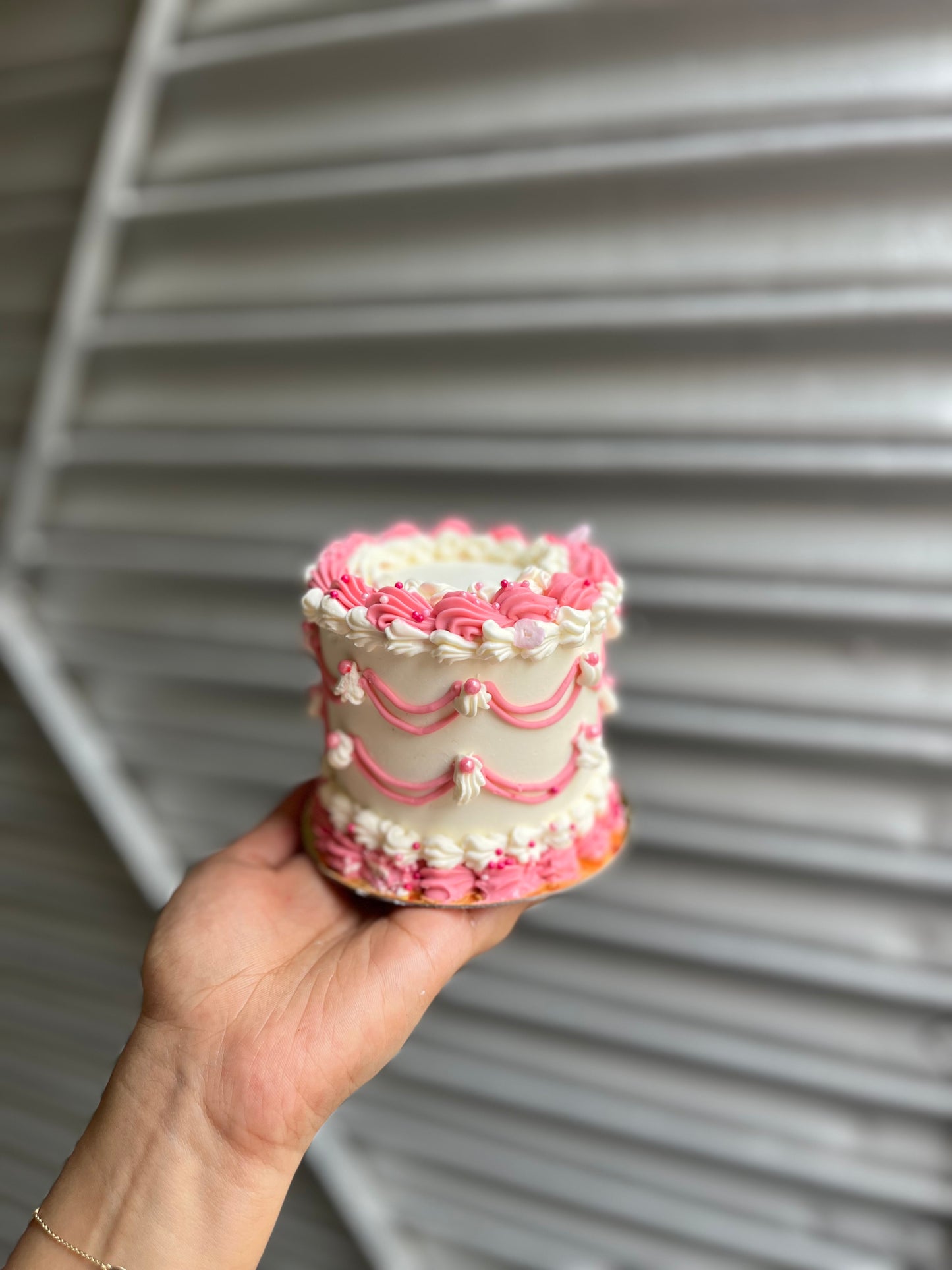 Tall white and pink victorian Bento Cake