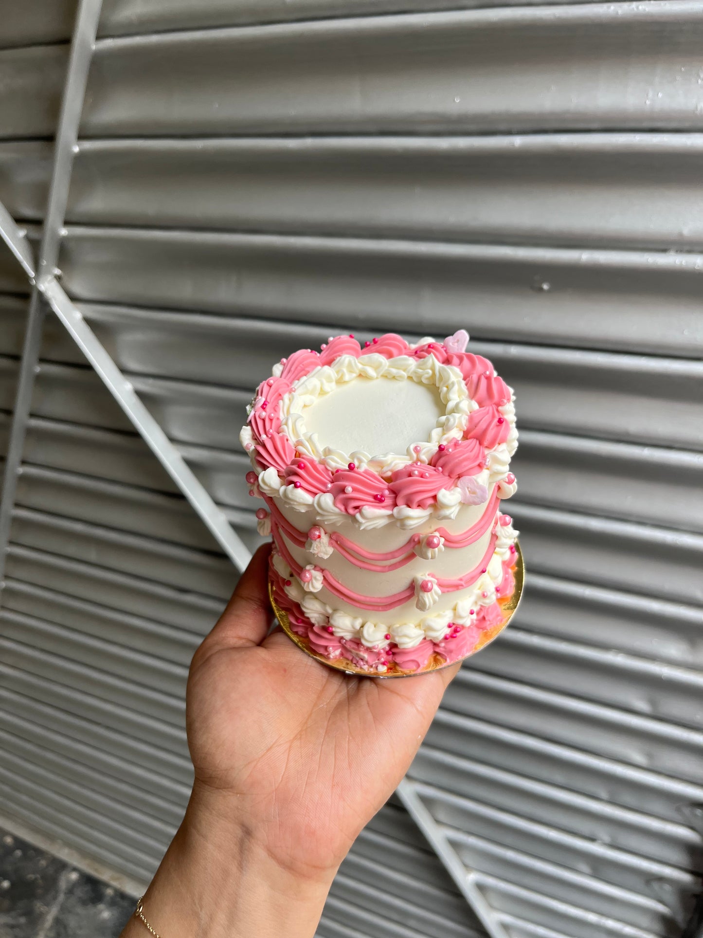 Tall white and pink victorian Bento Cake